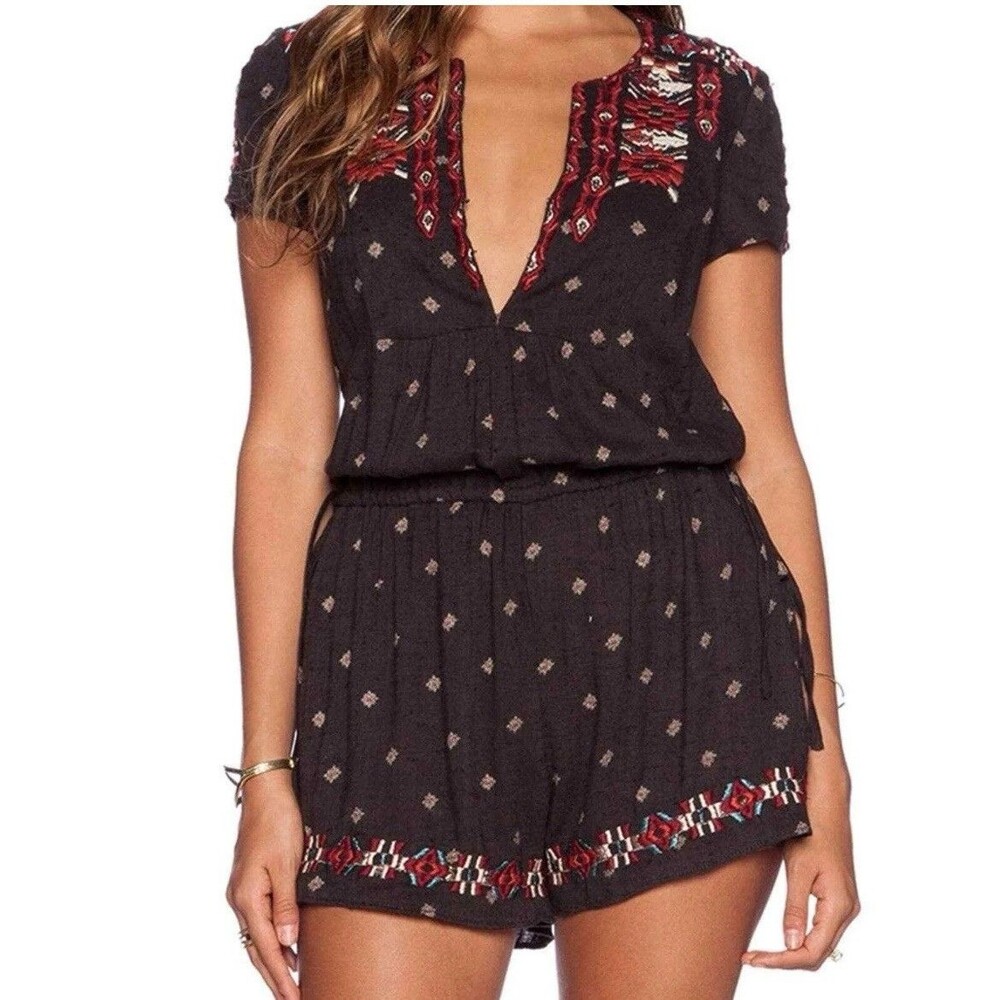 Free People Song For You Embroidered Romper short sleeve v-neck Aztec romper xs